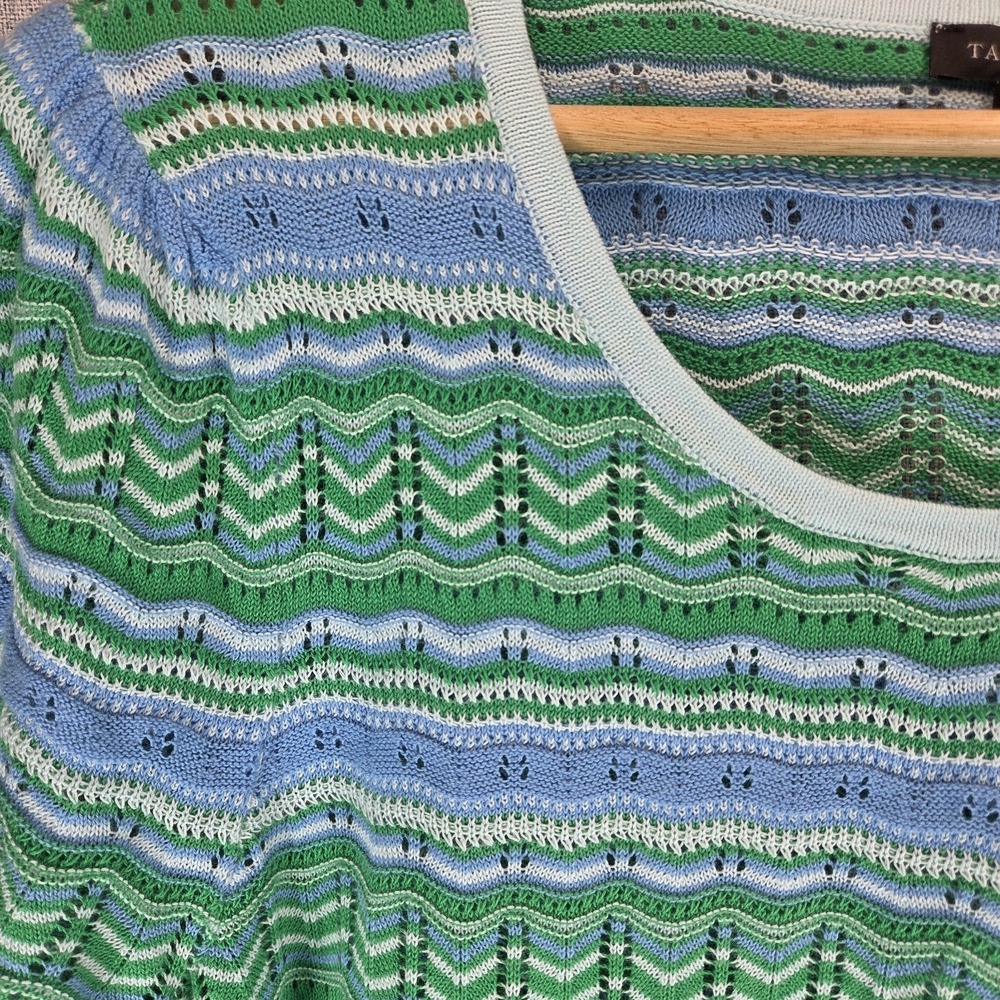 Talbots Casual Green Blue Stripe Crochet Short Sleeve Lightweight Sweater Medium - Picture 2 of 8